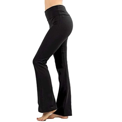 Image of Zenana Women Fold Over Waist Cotton Stretch Flare Leg Boot Cut Yoga Pants Leggings, Black, M