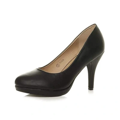 Image of Ajvani Womens Ladies mid high Heel Platform Work Evening Court Shoes Pumps, 3 UK, Black Matte
