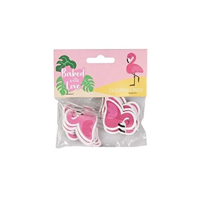 Image of Baked With Love Flamingo Cupcake Picks, Vibrant Pink Cake Decorations, Toppers 24 Pack