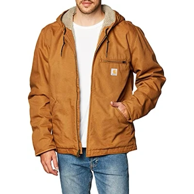 Image of Carhartt Men&#039;s Relaxed Fit Washed Duck Sherpa Lined Jacket, Brown, Large