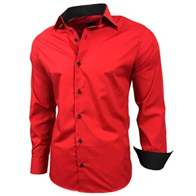Image of Baxboy Men&#039;s Shirt Slim Fit Easy to Iron for Suit, Business, Wedding, Leisure Long Sleeve Shirts Men R 44 Red S