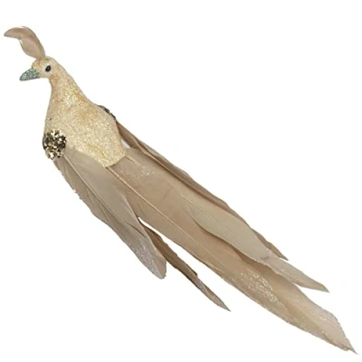 Image of Davies 19cm Long Tailed Glitter Peacock Clip on Bird Christmas Tree Decoration Champagne Gold