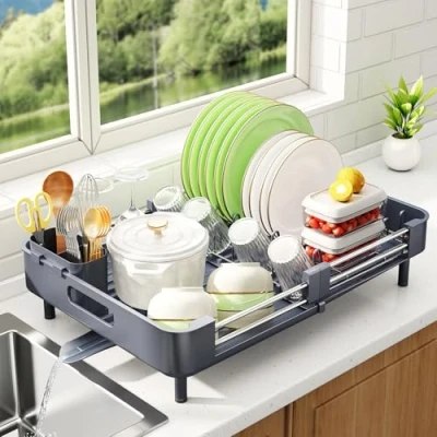 Image of SAYZH Dish Drainer Rack, Kitchen Drying Expandable(33.5 CM 50 CM) Stainless Steel Sink Organizer Rack and Drainboard Set with Utensil Holder Cups for Counter(Grey)