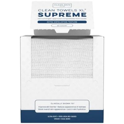 Image of Clean Skin Club Towels XL™ Supreme, 100% USDA Biobased Dermatologist Approved Face Towel, Gentle Exfoliation, Disposable Facial Washcloth, Makeup Remover Dry Wipes, 50 Count