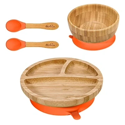 Image of Vinsani Bamboo Bowl, Round Plate and Spoon Set for Baby/Toddler, Suction Plate, Stay Put Design, Hypoallergenic BPA Free (Orange)