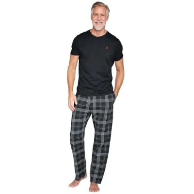 Image of Farah Men&#039;s Crew Neck T Shirt &amp; Woven Pant Lounge Set Soft Luxury Cotton Comfort with a Fully Elasticated Waist for the Your Versatile Wear Black
