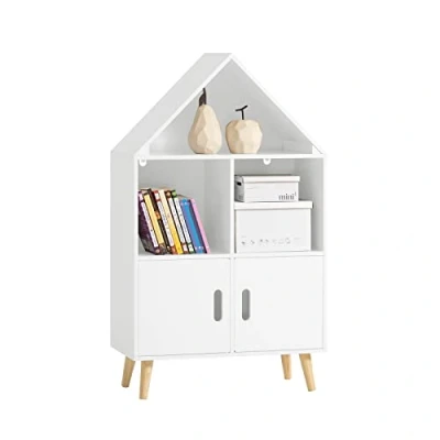 Image of SoBuy KMB58 W, House Shape Design Children Kids Bookcase Book Shelf Toy Storage Display Rack with 2 Doors and 3 Compartments