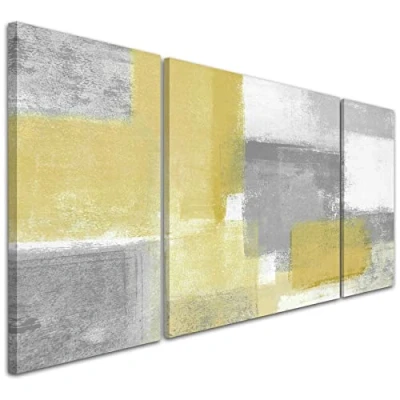 Image of Wallfillers Mustard Yellow Grey Living Room Canvas Pictures Accessories Abstract 3AC367 XXL 191x65cm