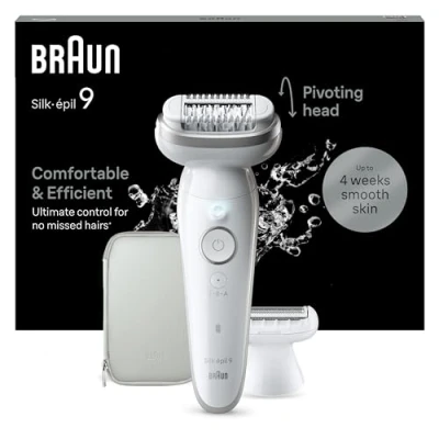 Image of Braun Silk épil 9, Epilator with Pivoting Head for Easy Hair Removal, Wet &amp; Dry, Lasting Smooth Skin, Lady Shaver Trimmer Comb, 9 041, White/Silver