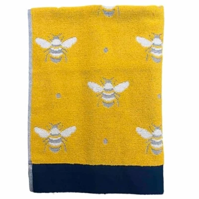 Image of Jansons Direct Linens 2 x 100% Cotton Guest Size Towel In Yellow with Bumble Bee Design and a Navy Blue Band 40cm 70cm