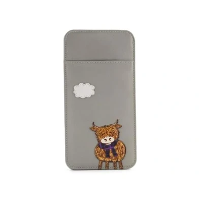 Image of Mala leather Highland Cow Slip In Glasses case soft wide tab top ladies (Grey)