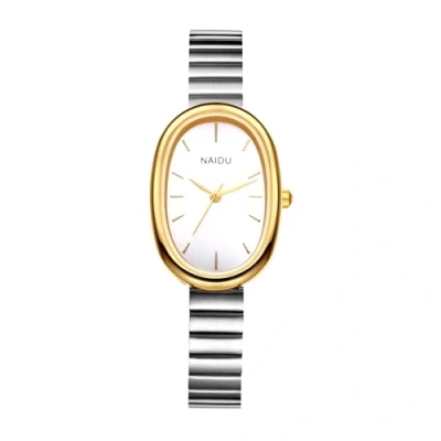 Image of JewelryWe Women Oval Quartz Watch: Petit Ladies Gold Silver Analogue Display Expandable Stainless Steel Elegant Elastic Bnad Bracelet Wristwatch