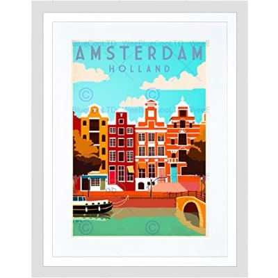 Image of Wee Blue Coo Travel Amsterdam Holland Netherlands Canal Bridge Boat House Art Framed Wall Print