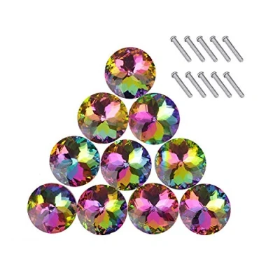Image of Colorful Crystal Cabinet Knobs 10PCS, Shinesline 30MM Glass Drawer Diamond Shape Door Pulls Handles with 10 Screws for Drawer, Wardrobe, Cupboard, Cabinet, Dresser and
