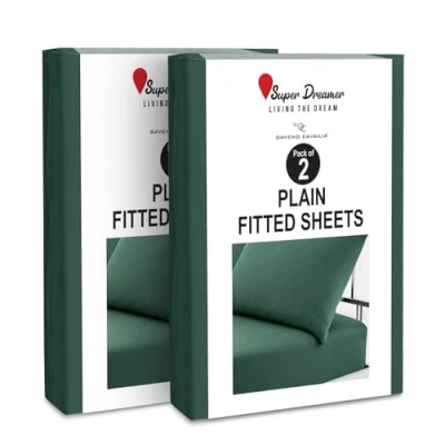 Image of 2 Pack Fitted Sheet King Size Deep Pocket 25cm Microfiber Bed (152x203 cm) Wrinkle &amp; Fade Resistant Elastic Corners Breathable Easycare Bottom Dark Green