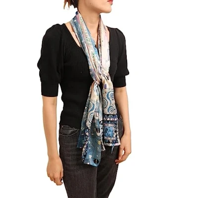 Image of Prettystern Women 63 Inch long Gustav Klimt art nouveau painting blue Scarf Fregio_Stoclet (blue) P889
