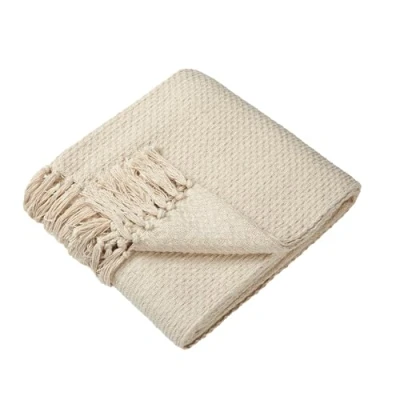 Image of Drift Home Cream Throw with Tassel (180 x 130cm) Sustainable Recycled Cotton Woven Blanket in Basket Weaved Textured Sofa Blanket/Bed Large