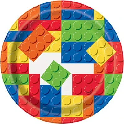 Image of Unique 58234EU Eco Friendly Paper Plates 18 cm Building Blocks Birthday Party 8 Count (Pack of 1), Multicolour