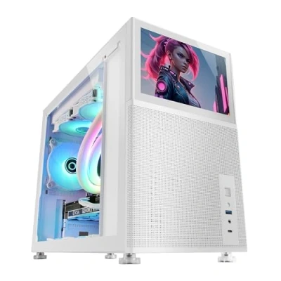Image of Mars Gaming MC LCD, Compact Micro ATX PC Case, 8&quot; IPS LCD Display, Side, Top and Front Mesh Grille, Tempered Glass Side Window, Mini Tower with Modular Panel Design, White