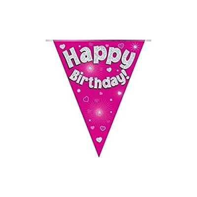 Image of Party Bunting Happy Birthday Pink Holographic 11 flags 3.9m