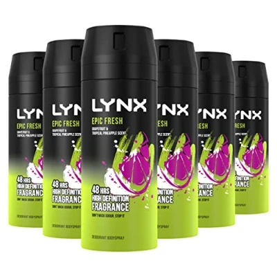 Image of Lynx Epic Fresh Grapefruit &amp; Pineapple Scent Body Spray For Men 48 Hours High Definition Fragrance An Iconic 6x 150 ml