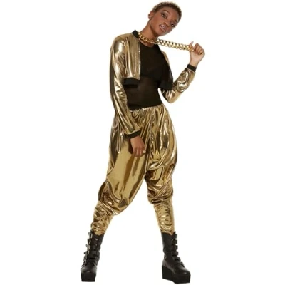 Image of Smiffys 80s Hammer Time Costume, Gold Bralet, Mesh Top, Jacket &amp; Trousers, 1980&#039;s Fancy Dress, 1980s Dress Up Costumes