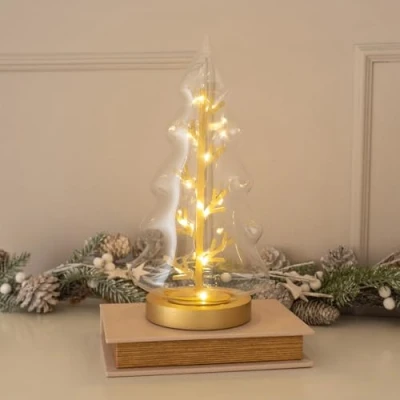 Image of MiniSun Festive Glass Christmas Tree Table Decoration 20 Warm White Lights Gold String Xmas Ornament Battery Operated