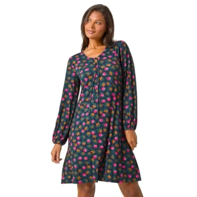 Image of Roman Originals Long Sleeve Tea Dress for Women UK Ladies Fit &amp; Flare Skater Swing Wrap Stretchy Frill Autumn Winter Evening Cocktail Party Work Office Casual Knee Length Teal Multi Size 20