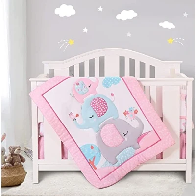 Image of YJM Elephant Cot Bedding Set 4Pcs for Girls with Comforter Fitted Sheet Skirt Diaper Stacker,Lovely Nursery Sets Baby(Pink)