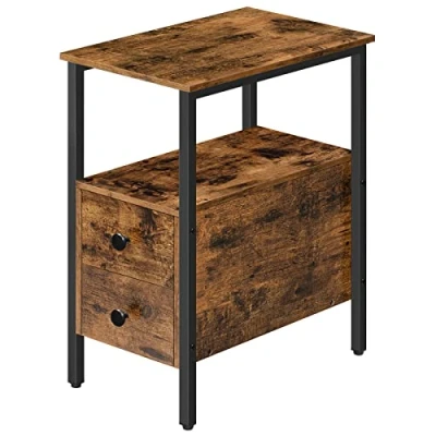 Image of HOOBRO Narrow Side Table, Slim Bedside Table with 2 Drawers, Open Storage Shelf, Industrial Chair Lamp End for Small Space, Wood Bedroom Furniture, Metal Frame, Rustic Brown EBF548BZ01G2