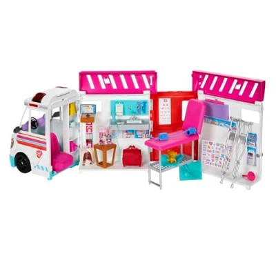 Image of Barbie Ambulance and Hospital Playset, Emergency Vehicle with Lights Sounds Transforms into Care Clinic, 20 Doll Accessories, Toys for Ages 3 Up, One Vehicle, HKT79
