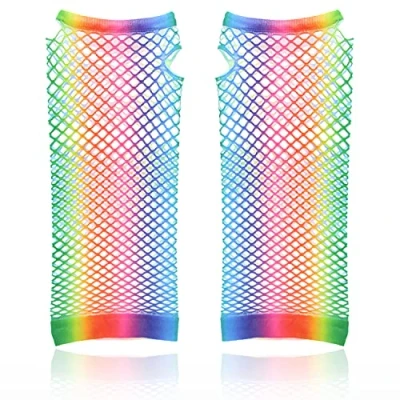 Image of AKH® Rainbow Long Fishnet Gloves One Size Women Fingerless Stretchy Colored Wrist for 80s Costume Evening Party Supplies Fancy Dress Tutu Accessories
