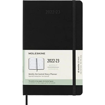 Image of Moleskine Weekly Horizontal Planner/Diary, Pocket Planner 18 Months 2022/2023, with Hard Cover and Elastic Closure, Size Large 13 x 21 cm, Colour Black