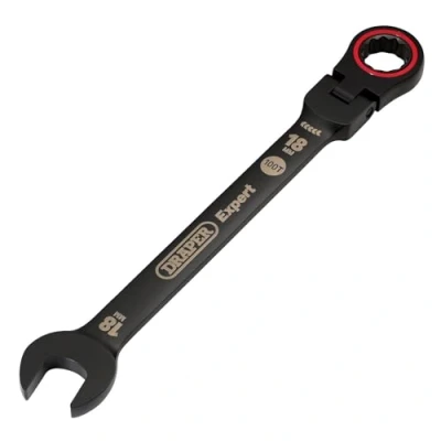 Image of Draper Expert HI TORQ Metric Flexible Head Ratchet Combination Spanner, 18mm, Black