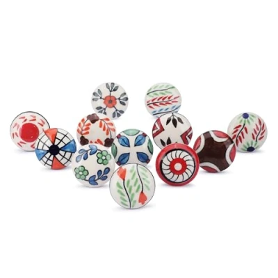 Image of Ajuny Set of 12 Ceramic Knobs Multicolor Hand Painted Cupboard Door Drawer and Furniture Pulls for Kitchen Cabinets Bathroom Dresser Drawers Antique Pottery Decorative