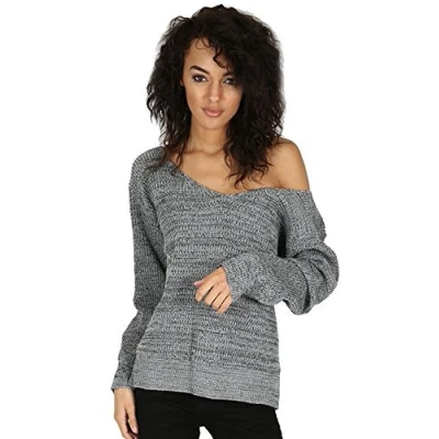 Image of Oops Outlet Womens Oversized Jumper Ladies V Neck Off The Shoulder Top Chunky Knitted Bardot M/L (UK 12/14) Charcoal Marl