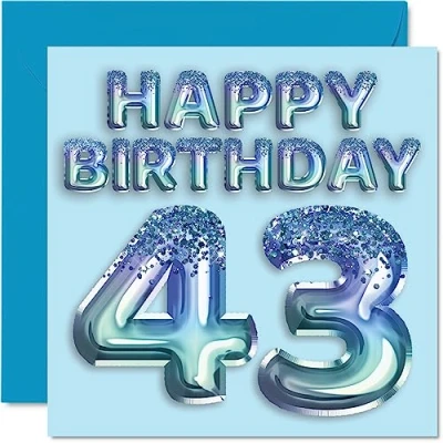 Image of 43rd Birthday Card for Men Blue Glitter Party Balloon Happy Cards 43 Year Old Man Friend Dad Brother Uncle Cousin, 145mm x Forty Three Third Greeting Gift