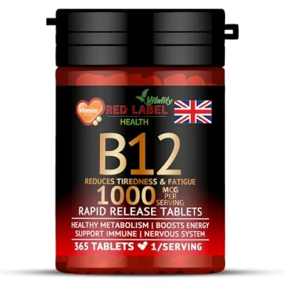 Image of Vitamin B12 Tablets High Strength 1000mcg, 365 (1 Year Supply) Methylcobalamin for Tiredness, Fatigue &amp; Energy Vegan Vegetarian Friendly Made in The UK