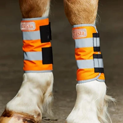 Image of Masta Hi Vis Leg Wraps for Horses Equestrian High Visibility Reflective Pair of Wrap Fleece Lined Waterproof Lightweight &amp; Breathable Comfortable Viz Fabric Orange, Size Large