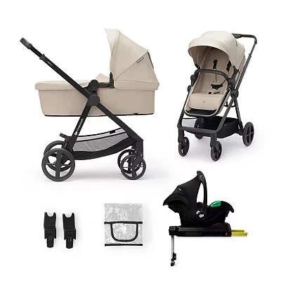 Image of Kinderkraft Newly 4 in 1, Stroller, Pushchair, Travel System, Pram, Newborn Baby, Large Hood, Accessories, Easy Folding, Included Car Seat with ISOFIX Base, from Birth up to 22 kg, Beige