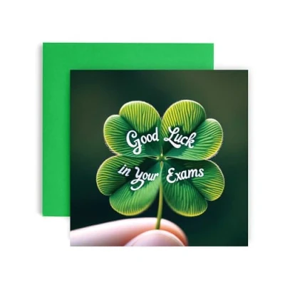 Image of Huxters Good Luck exams Card with your A Levels University GCSE Four Leaf Clover