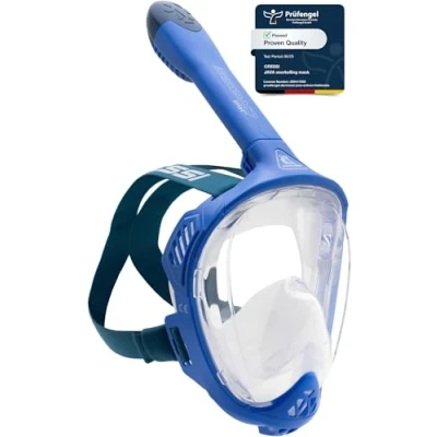 Image of CRESSI Java Full Face Mask Blue/Blue Navy L/XL Unisex Snorkel Mask, Ultra Clear Anti Fog Lens, 100% Silicone, Dry with Safety Valves, Blue/Navy Blue,