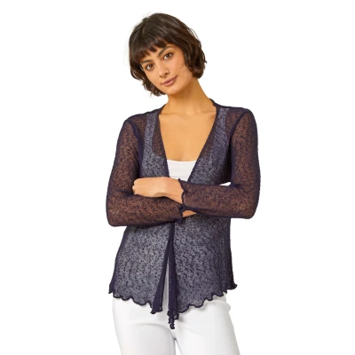 Image of Roman Originals Women Textured Pointelle Shrug Ladies Drop Needle Open/Tie Front Cropped Cardigan Lace Embellished Casual Summer Classic Cover Up Knitwear Cardie Steel Navy Size 16