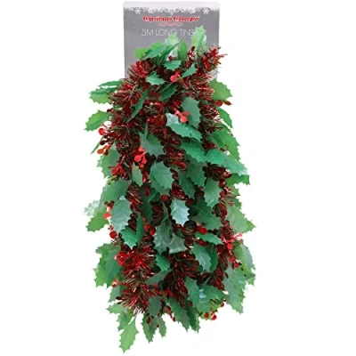Image of Christmas Concepts® 3m / 9.8ft Chunky/Fine Tinsel Decoration (Red &amp; Green with Holly)