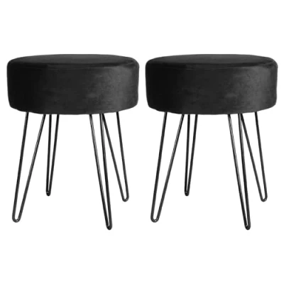 Image of Harbour Housewares 2x Black/Black H40 x D35cm Round Velvet Footstools Small Living Room Dressing Table Footstool Ottoman Pouffe Chair Seat