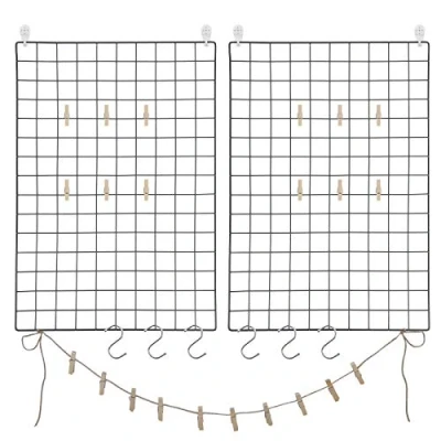 Image of SONGMICS Grid Panels, Set of 2, Photo Wall Display, Metal Mesh Decor, Multifunctional Hanging Picture Wall, DIY, Art S Hook, Clips, Hemp Cord, Black LPP02H