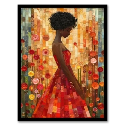Image of Artery8 Woman Red Dress Rose Garden Mosaic Collage Living Room Artwork Framed Wall Art Print A4