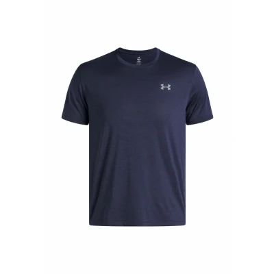 Image of Under Armour Men&#039;s Launch Short Sleeve, Soft and Lightweight T Shirt, Essential Running Top with Reflective Detailing for Visibility,Washed Navy / Reflective,XS