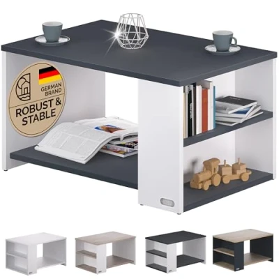 Image of CASARIA® Santa Cruz Coffee Table With Shelf 2 Compartments Storage Space 90x59x47.5cm Scratch Resistant Surface 50kg Load Capacity Living Room Office Sofa Side Wood/Grey
