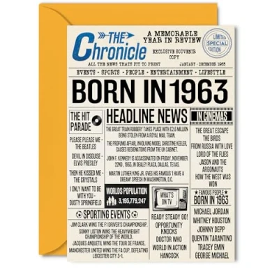 Image of 61st Birthday Cards for Women Men Born In 1963 Newspaper Happy 61 Card Grandma Grandad Nan Vintage Retro Back 1963, 5x7 Inch Sixty One First Bday Greeting